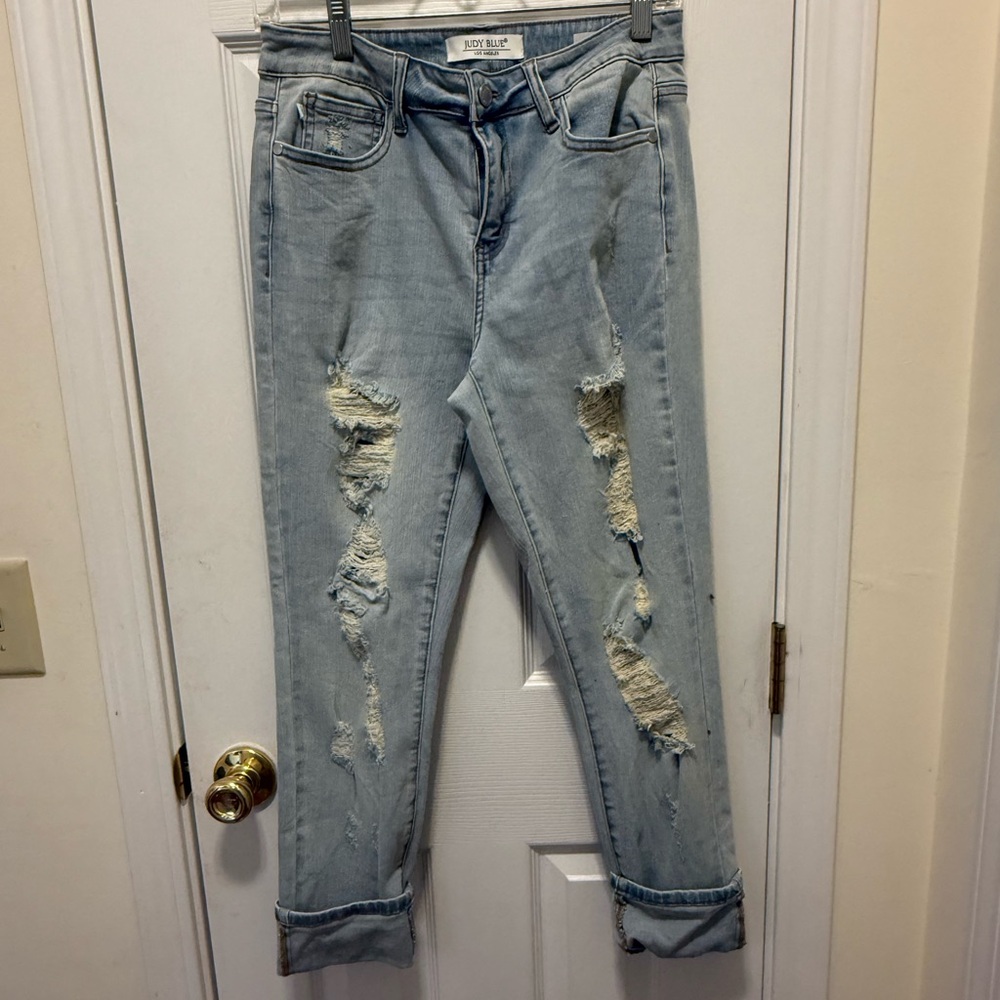 Judy Blue Light Blue Distressed Women's Jeans wide cuff crop